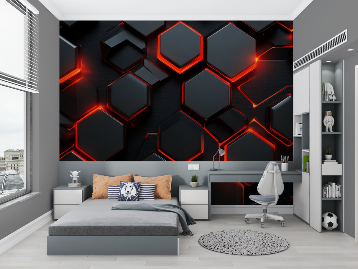 Home theater with modern geometric wallpaper showing black hexagons with red glow