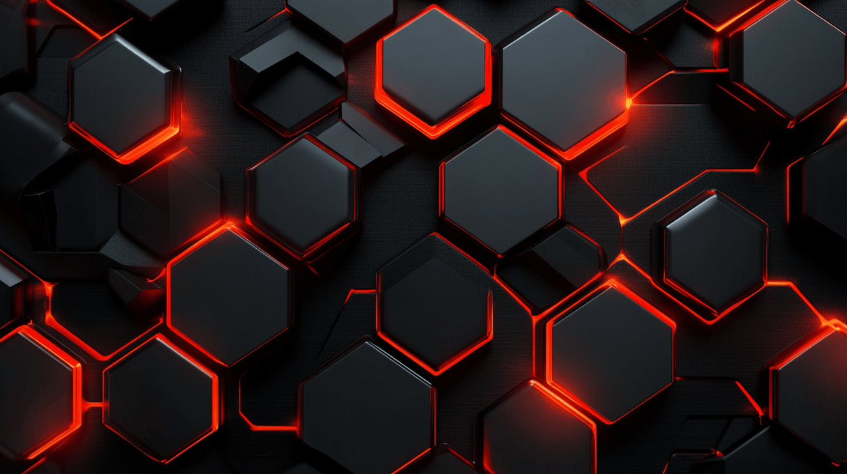 Design file of 3D geometric pattern with black hexagons and glowing red edges