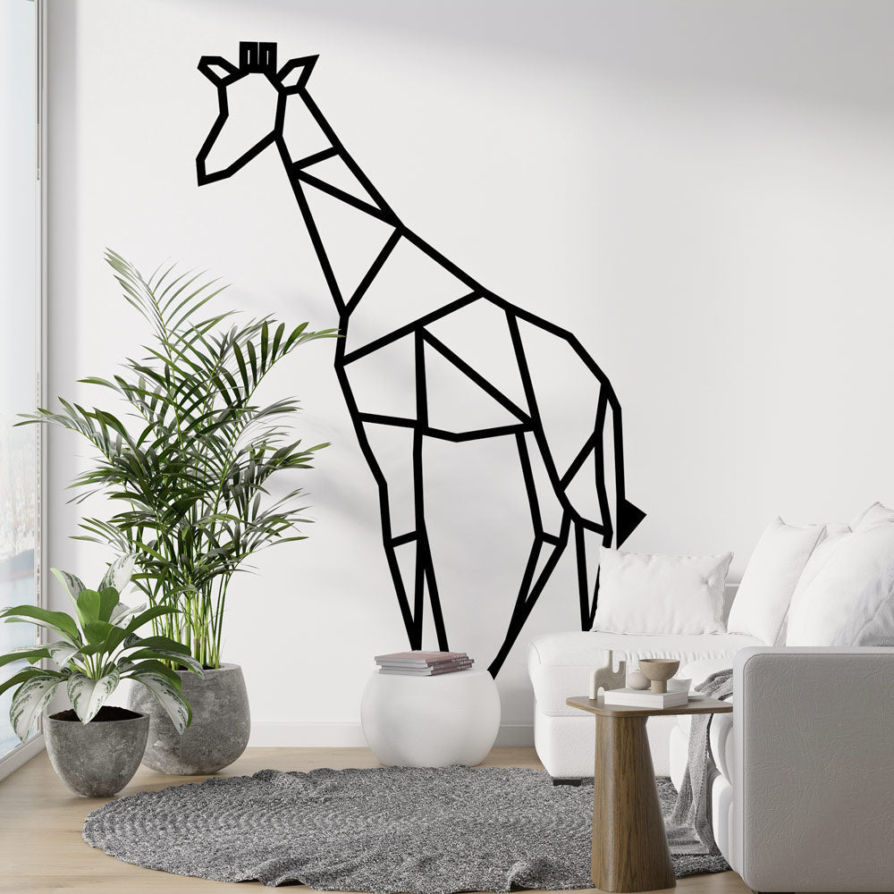 Modern geometric giraffe wallpaper creating a stunning focal point in a minimal Scandinavian living room