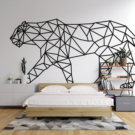 Geometric black panther line art wallpaper making a bold statement in a minimalist living room with white furniture