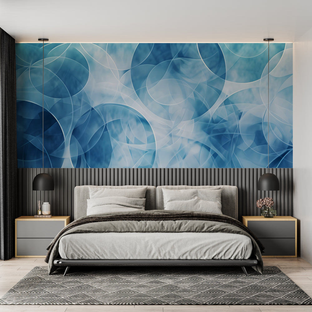 Geometric dot pattern wallpaper showcased in a minimalist home office space