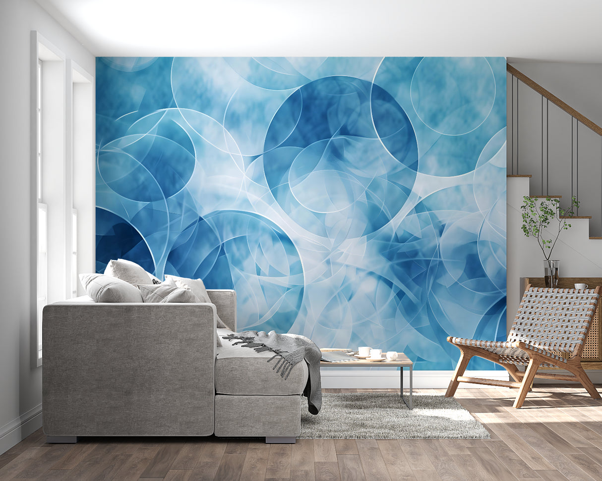 Geometric circle pattern mural displayed in a stylish bedroom setting