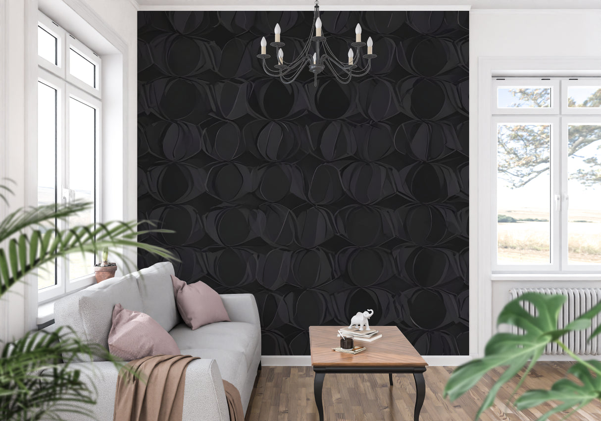 Black geometric relief wallpaper in modern living room with floor-to-ceiling windows