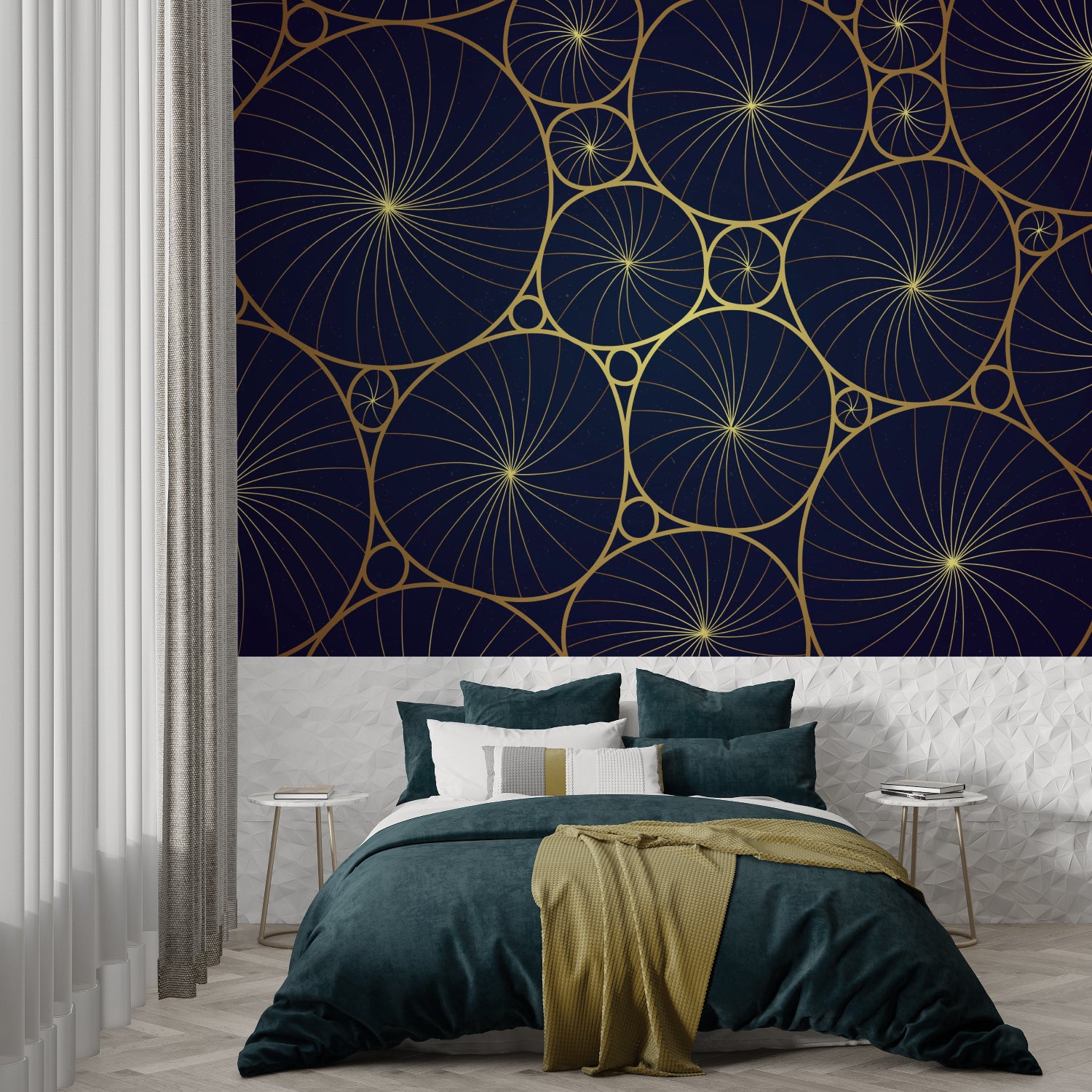 Blue and gold circular pattern wallpaper making a statement in a modern home office