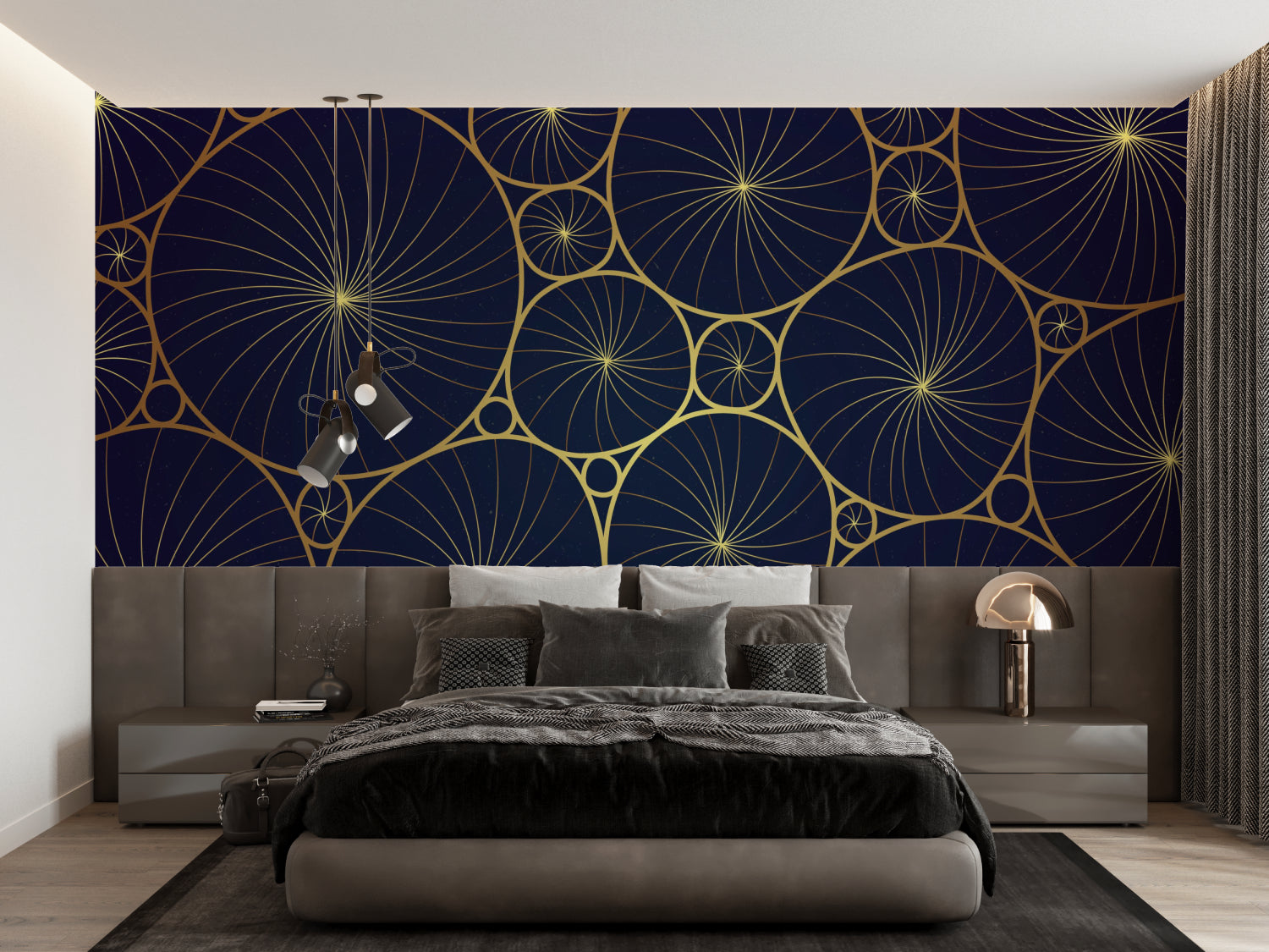 Geometric circle wallpaper adding luxury to a contemporary dining room