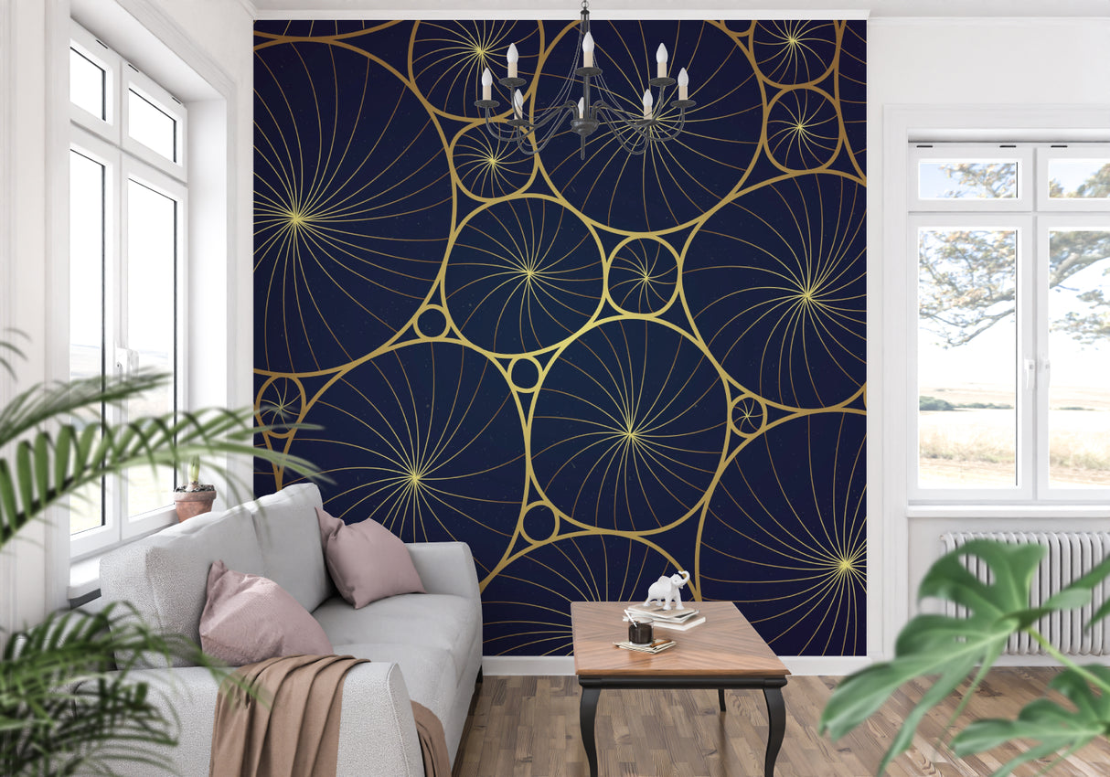Navy and gold geometric pattern wallpaper brightening up a master bedroom