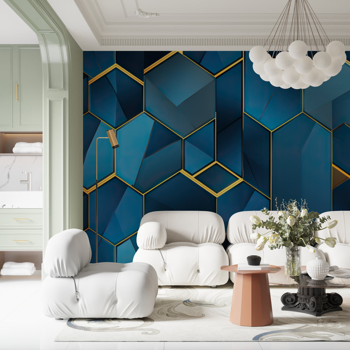 Modern living room featuring Blue and Gold Geometric Hexagon Wallpaper creating depth behind grey sofa
