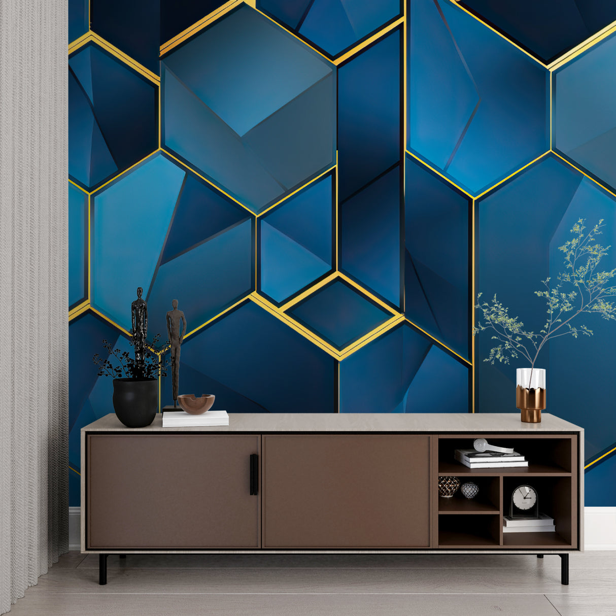 Home office with 3D Geometric Wallpaper in blue and gold tones making space feel larger