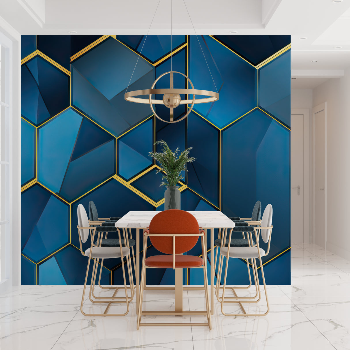 Dining room accent wall with Blue Gold Hexagon Mural catching evening light