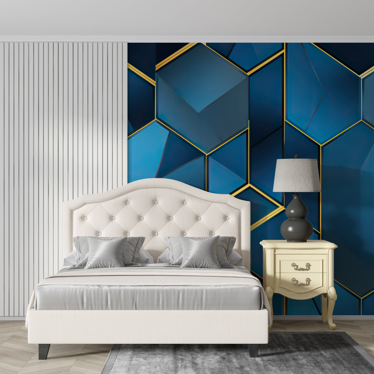 Hallway transformed with 3D Hexagon Wallpaper in deep blue and metallic gold