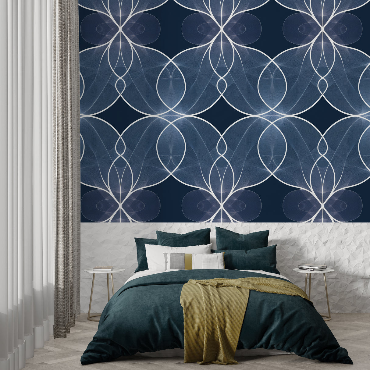 Blue geometric wallpaper in dining room, silver art deco pattern catches light beautifully