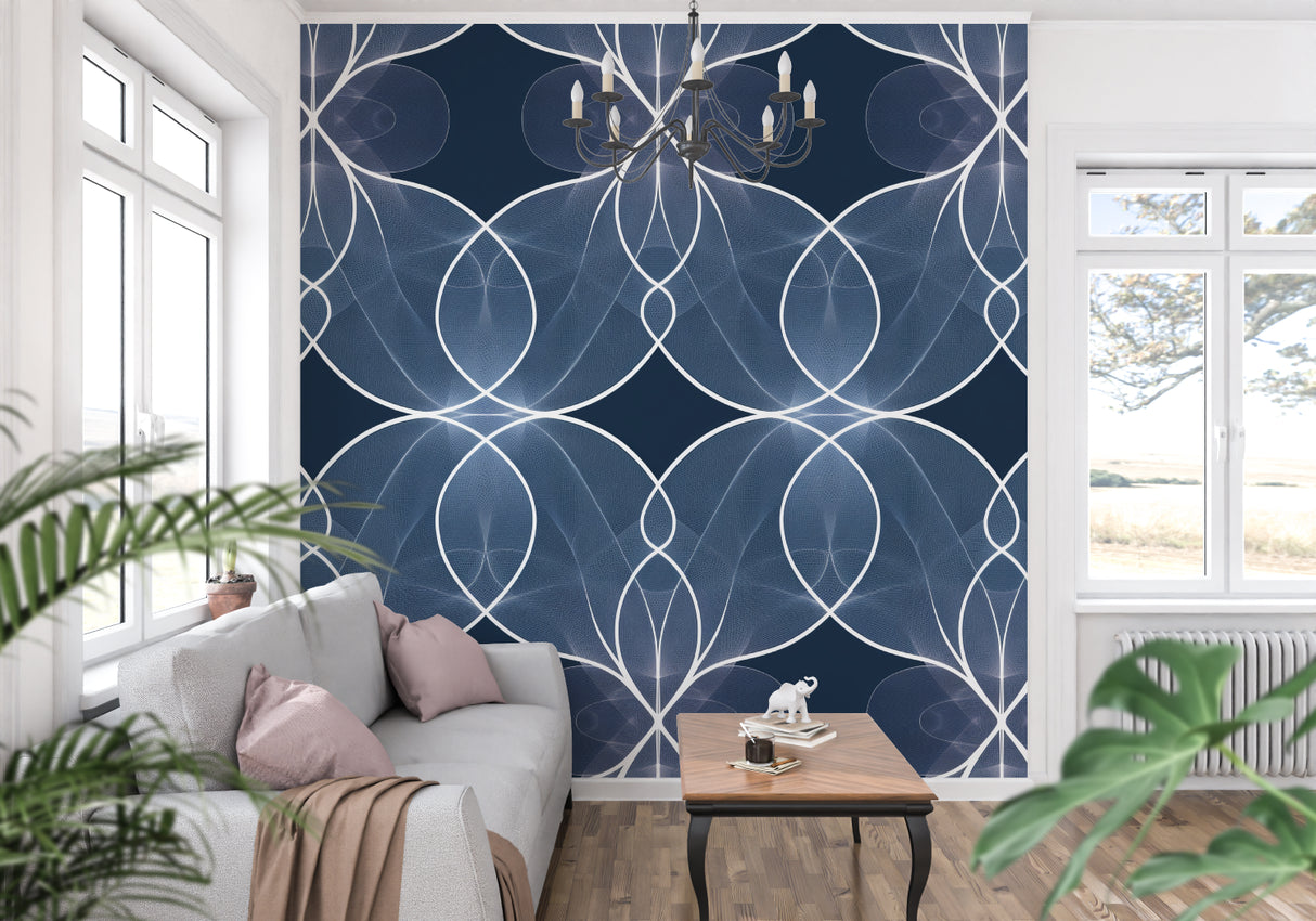 Art deco geometric pattern wallpaper showcased in hotel lobby with modern furniture