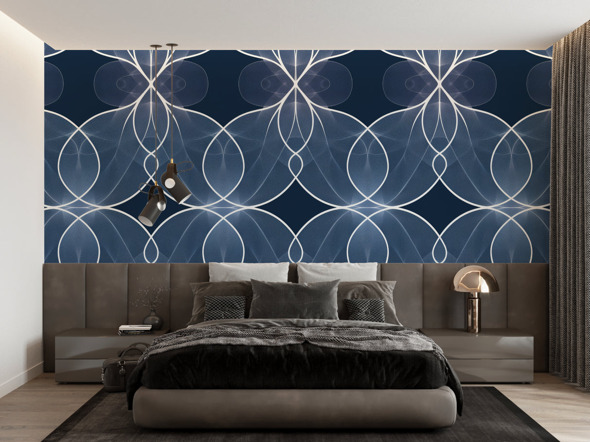 Blue and silver geometric wallpaper in master bedroom creating elegant atmosphere