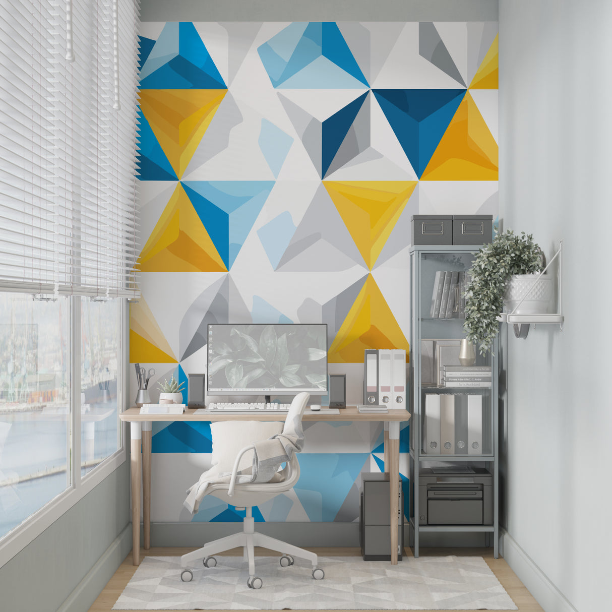 Modern geometric triangle wallpaper in a bright home office with blue and yellow 3D pattern