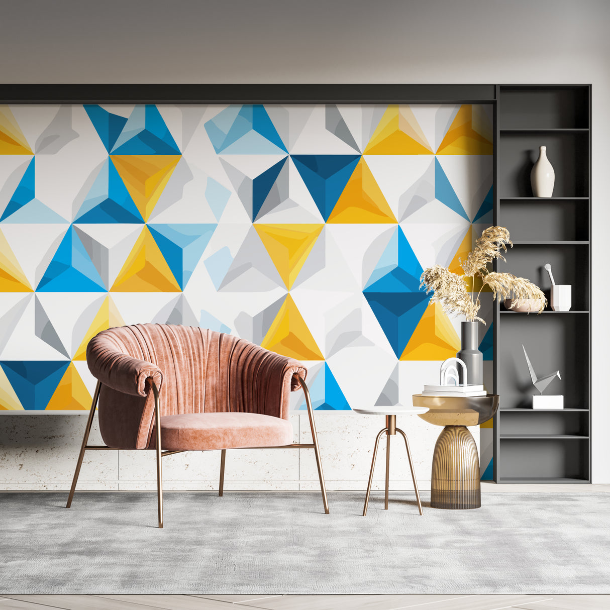 3D geometric wallpaper creating depth in a modern living room with natural light