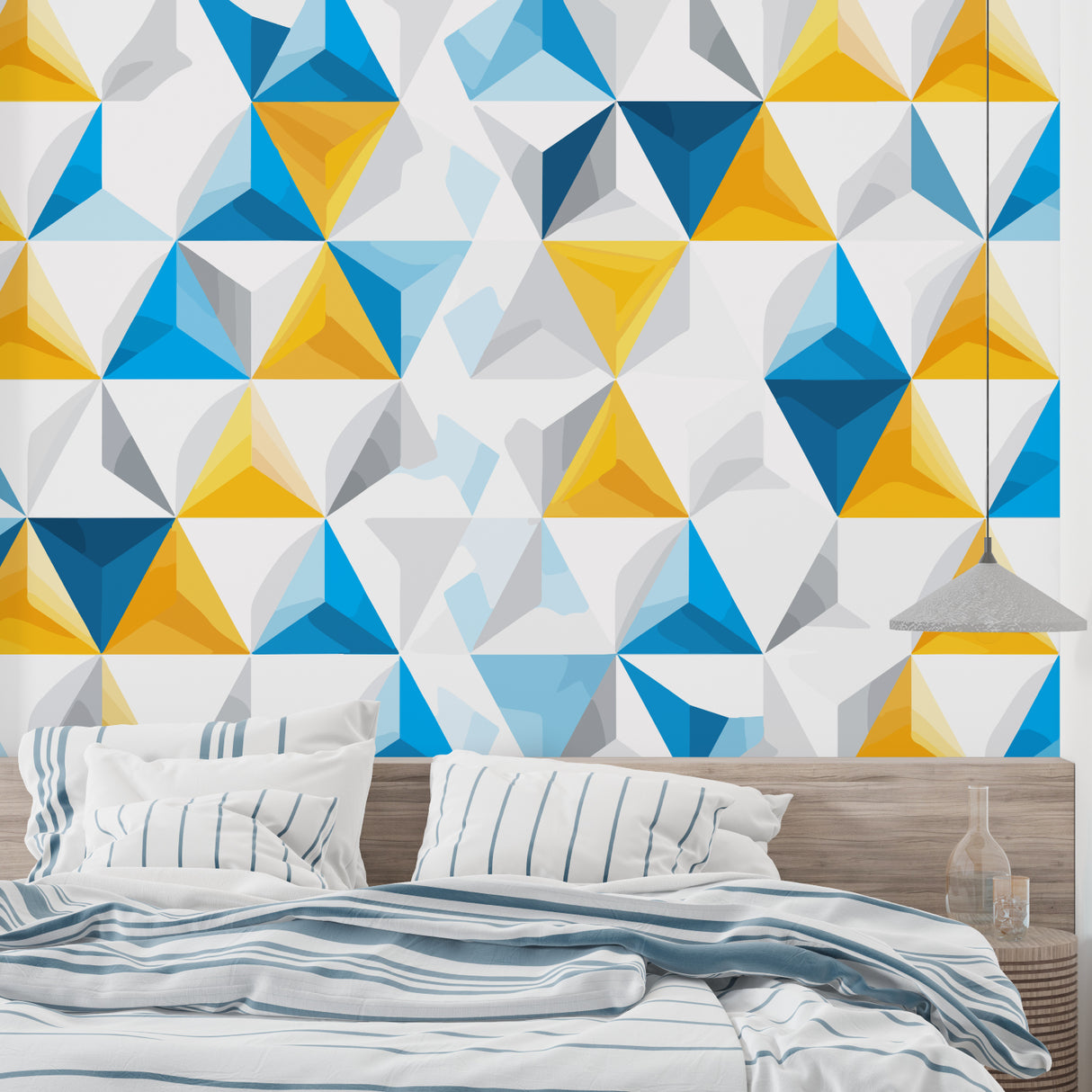 Blue and yellow triangle wallpaper making a statement in a creative workspace