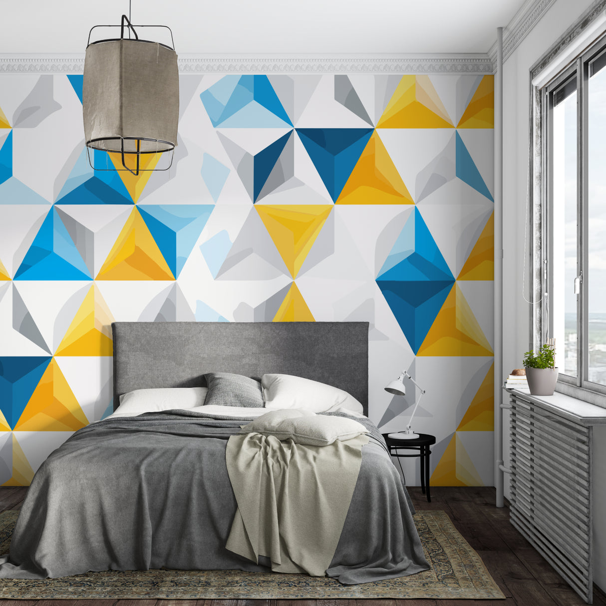 Geometric wall mural in a contemporary dining room showing 3D effect