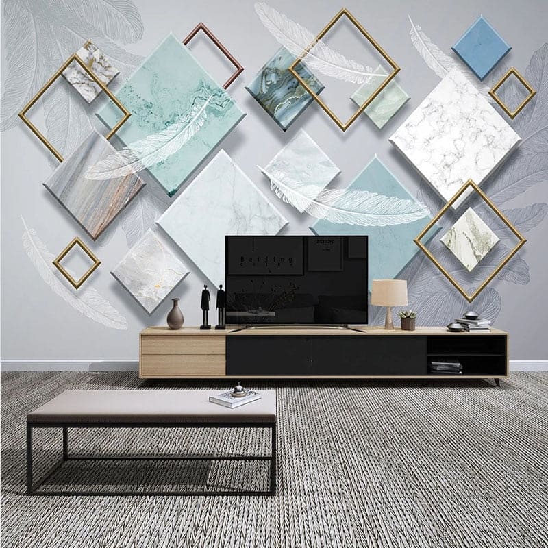 Blue marble geometric wallpaper transforming a home office with elegant gold accents