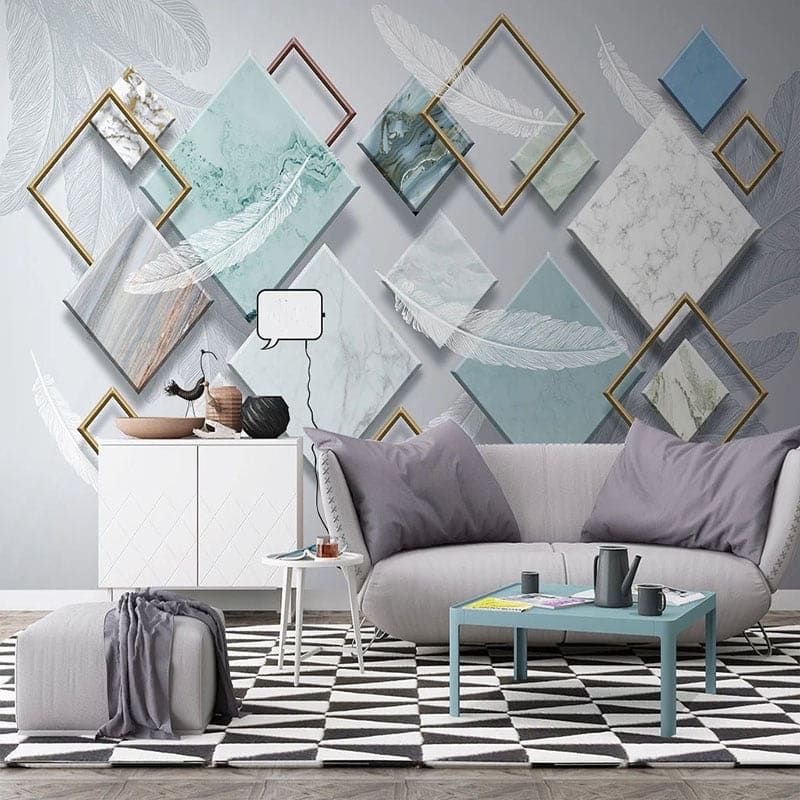 Modern geometric wallpaper with feathers in master bedroom creating calm atmosphere
