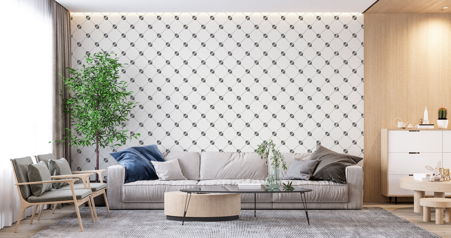 Diamond pattern wallpaper showcased in home office with minimal decor