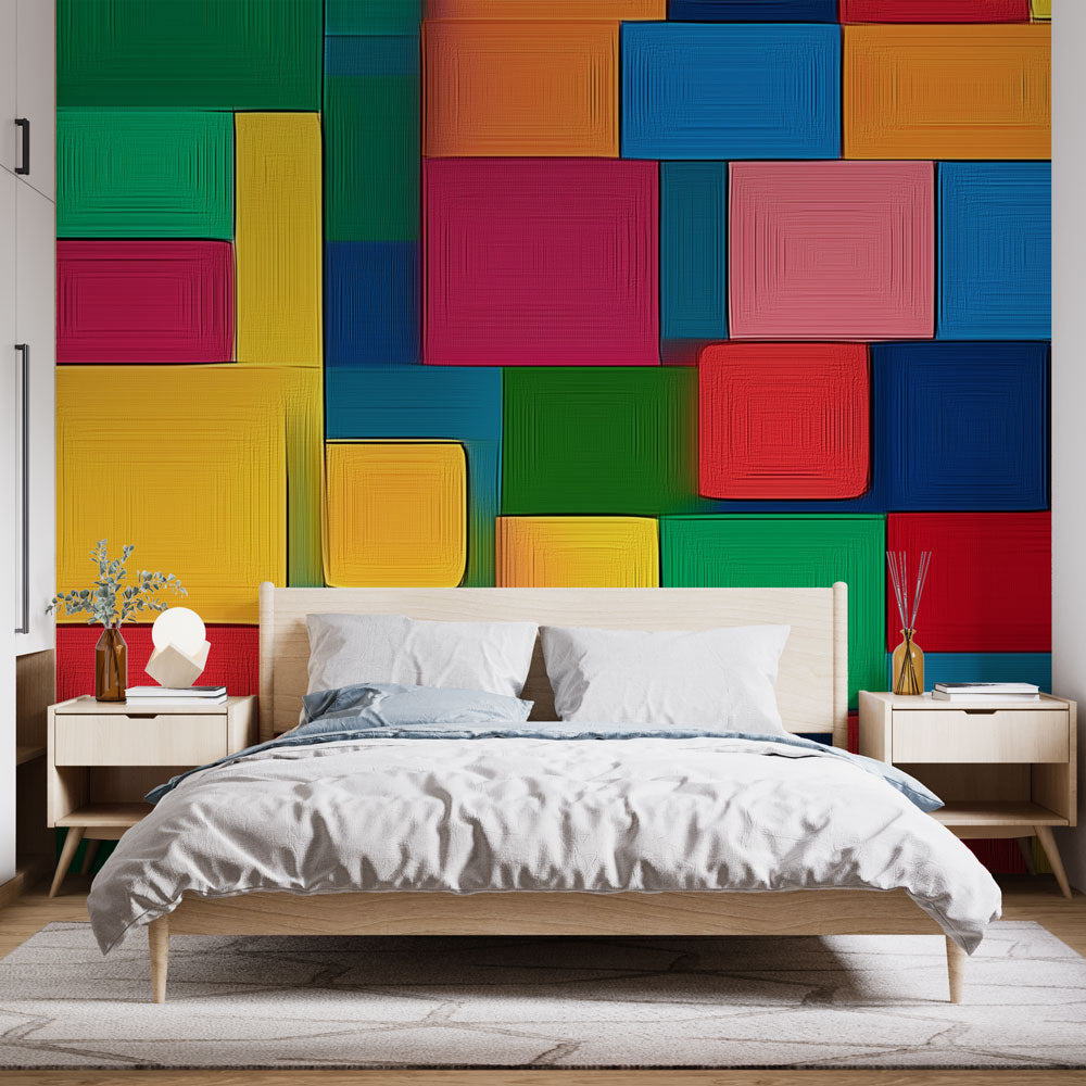 Modern living room with vibrant Geometric 3D Square Pattern Wallpaper creating depth and visual interest