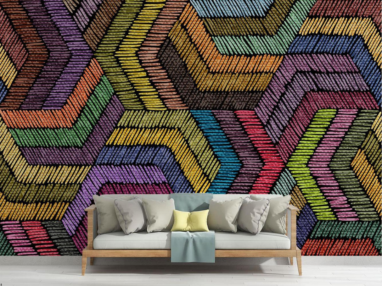 Modern living room featuring vibrant Geometric Rainbow Chevron wallpaper creating an energetic accent wall