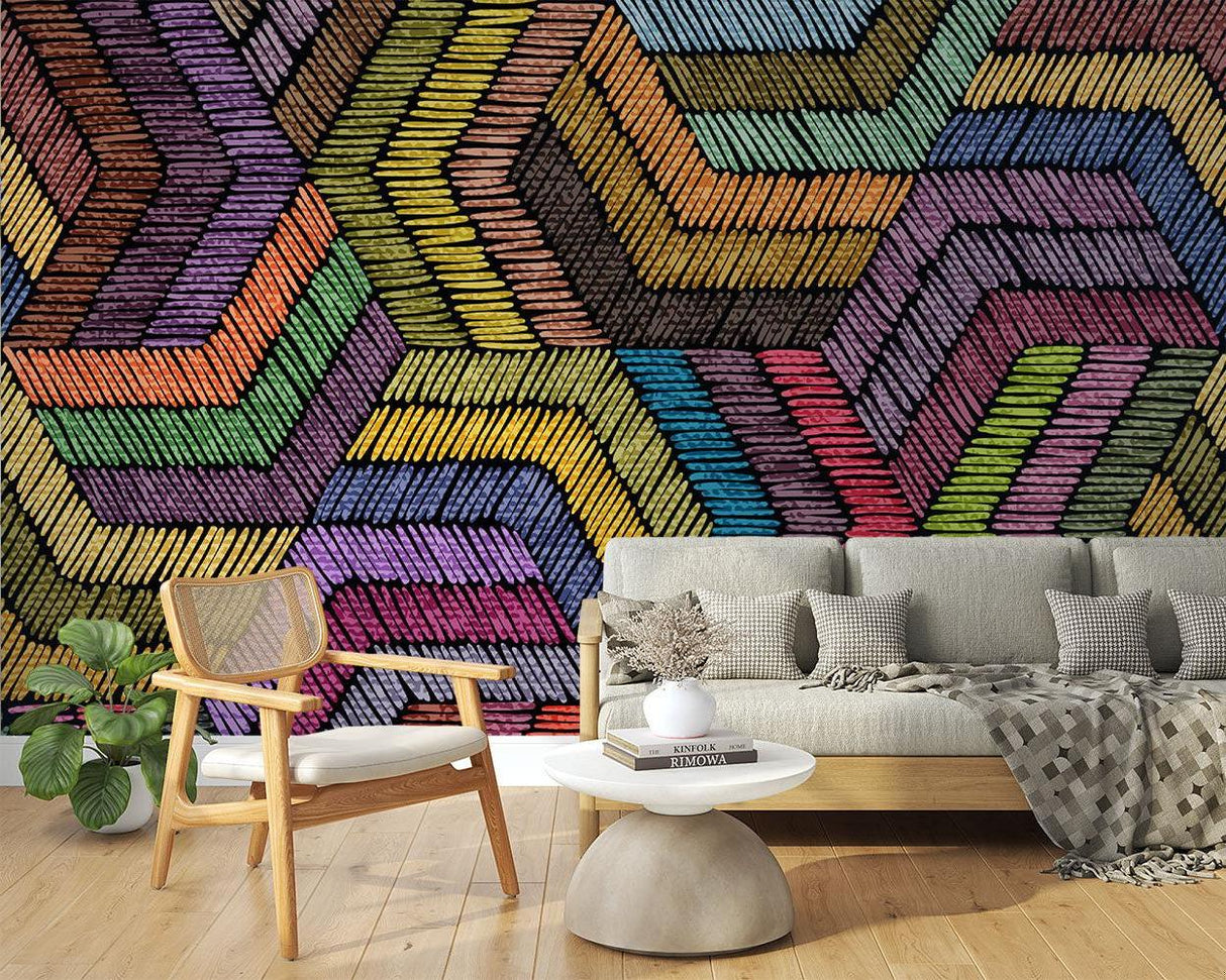 Home office with Rainbow Geometric wallpaper showcasing dynamic pattern in natural light