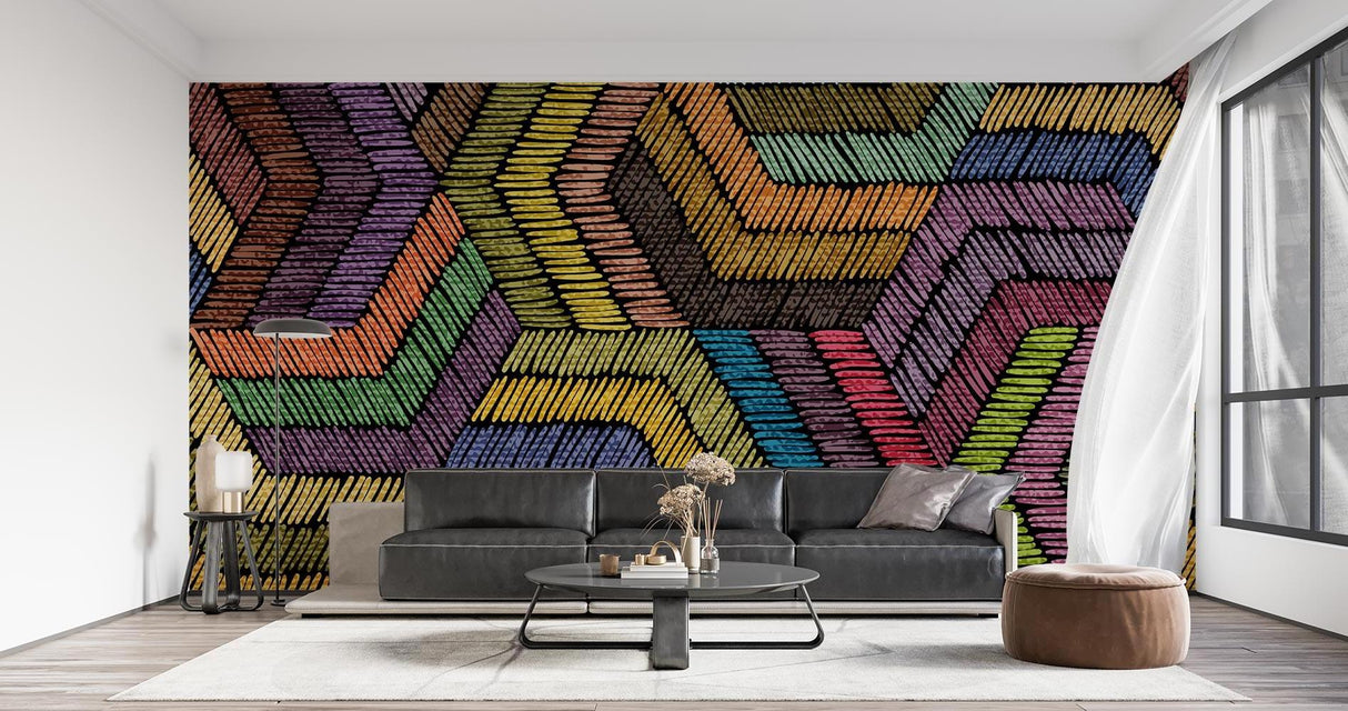 Creative studio space featuring Rainbow Geometric wallpaper as an inspiring backdrop