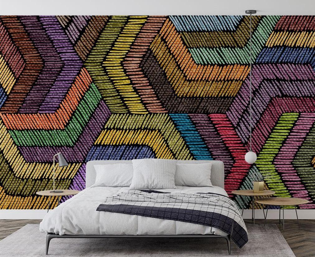 Retail space showcasing Geometric Rainbow wallpaper creating an eye-catching display wall