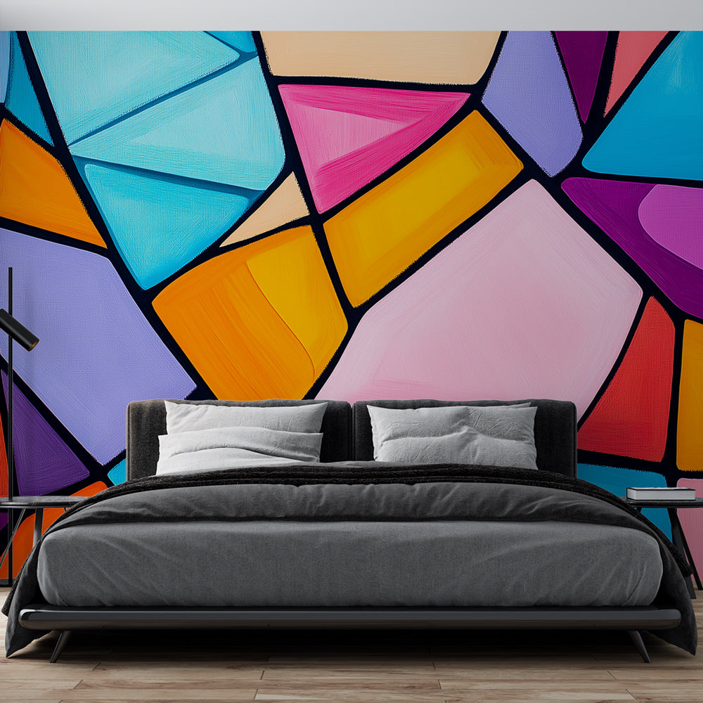 Geometric abstract wallpaper in modern living room showing vibrant stained glass pattern with morning light