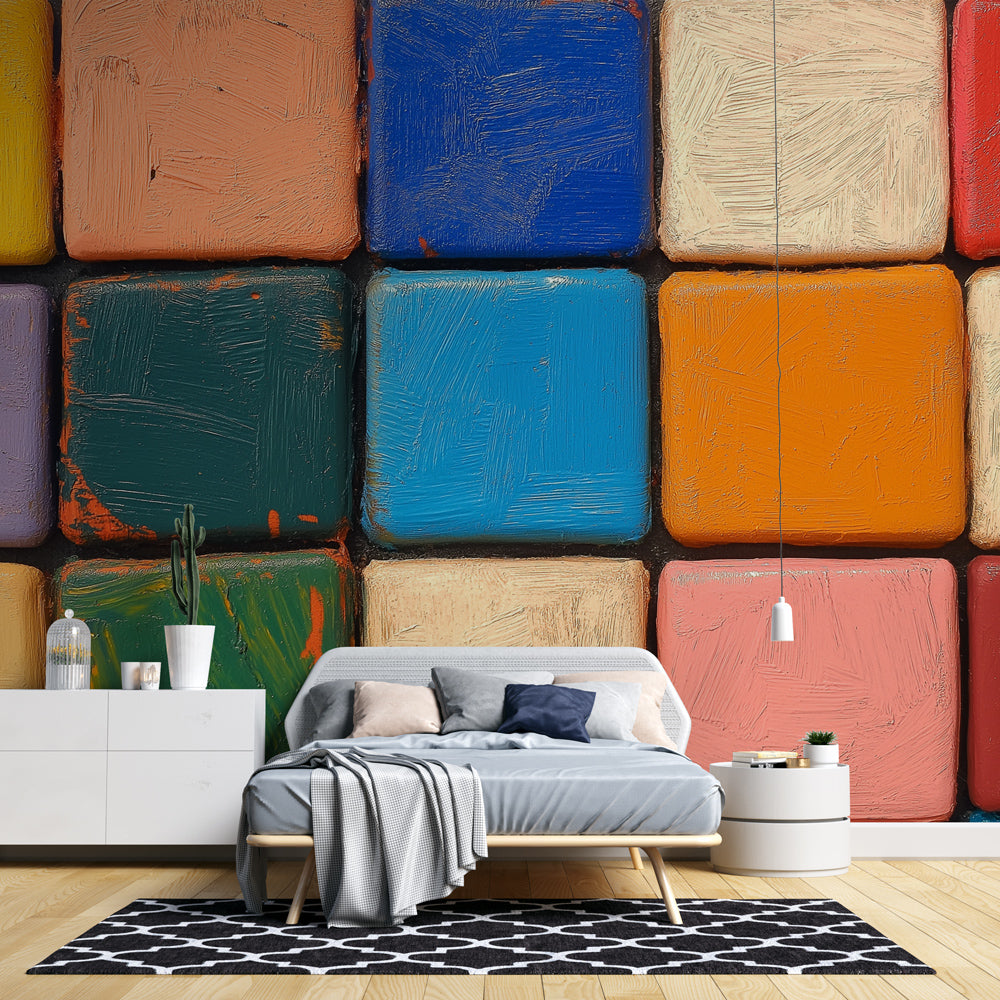 Geometric square pattern wallpaper creating a modern statement wall in a bright, minimalist living room setting
