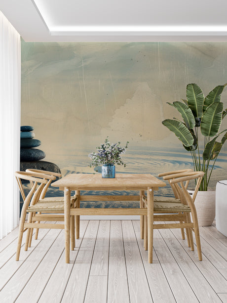 Geometric triangle wallpaper bringing life to a minimalist living room with natural light