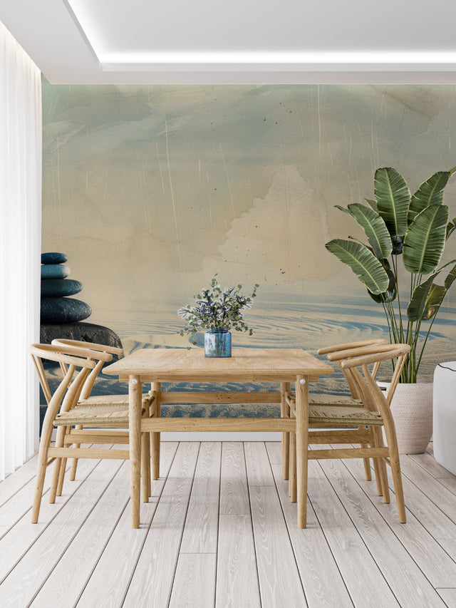 Geometric triangle wallpaper bringing life to a minimalist living room with natural light