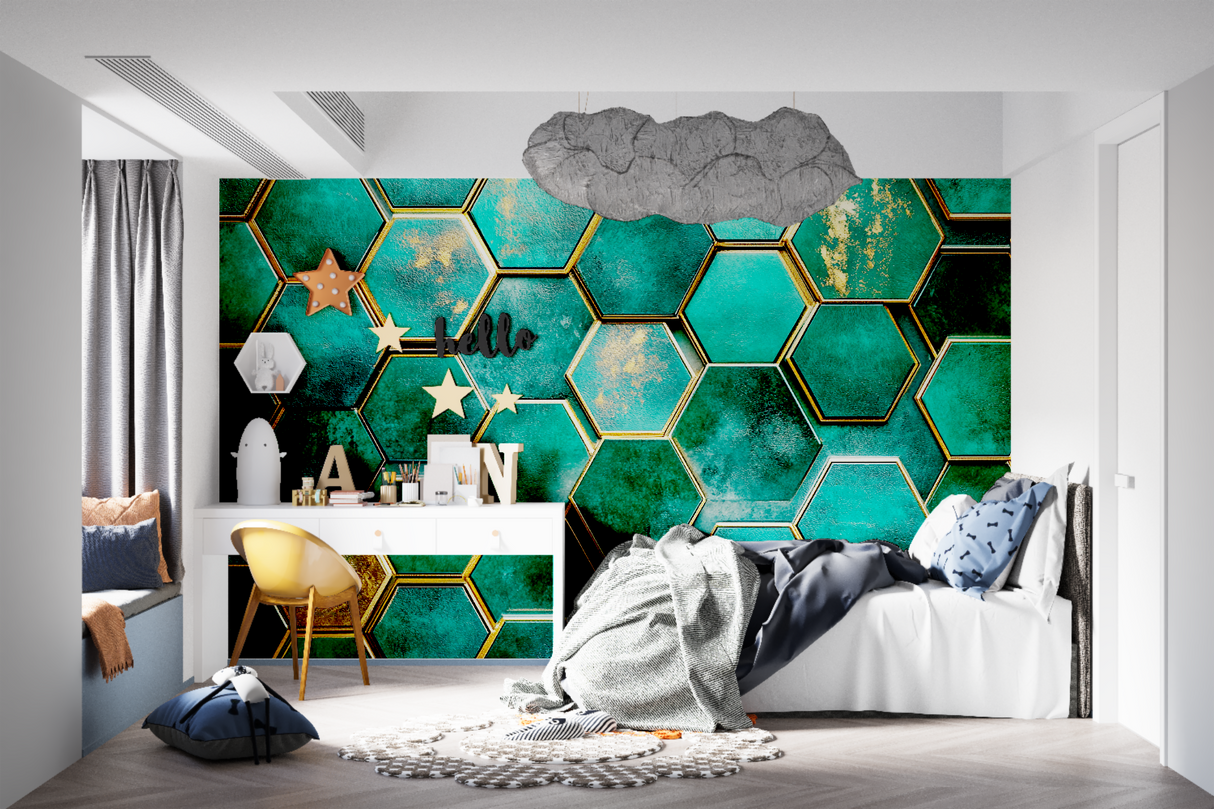 Green and gold hexagon wallpaper in home office setting with modern furniture
