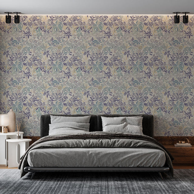 Geometric floral wallpaper in pastel colors brightening a modern living room with clean furniture and natural light