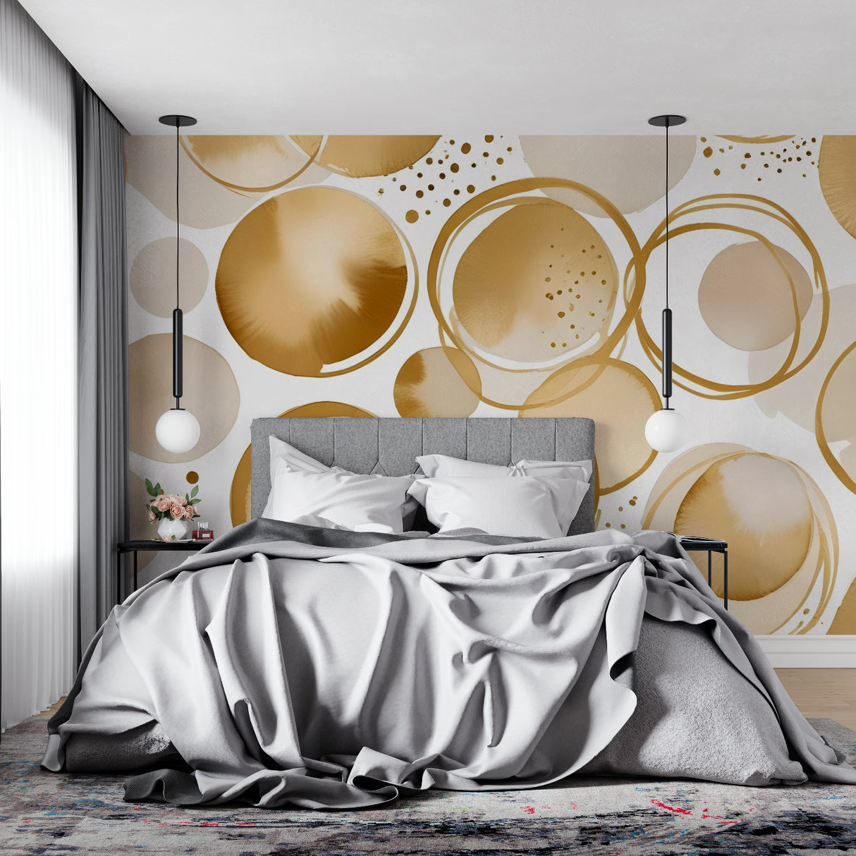 Abstract gold circle wallpaper featured in bright dining room setting