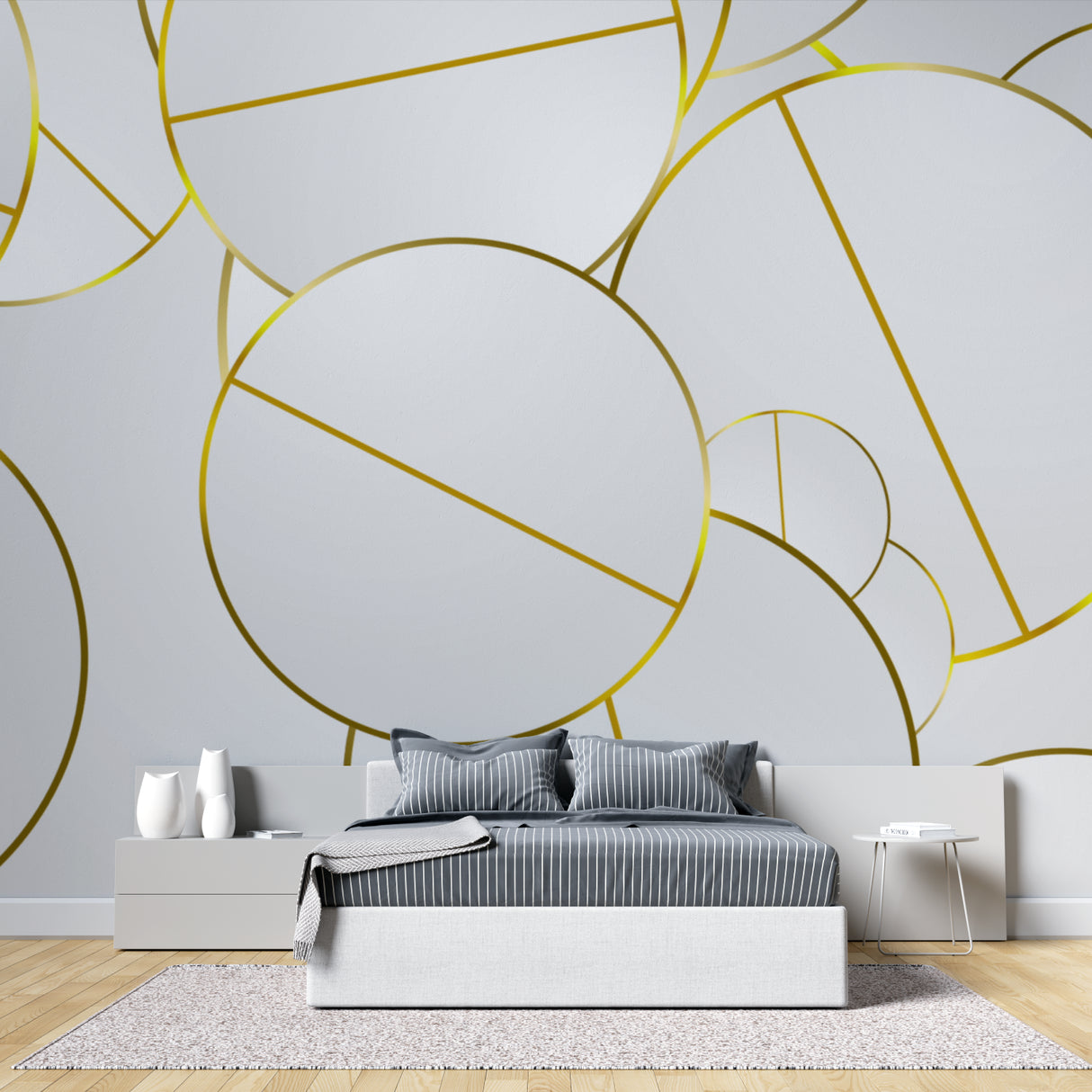 Gold geometric circle wallpaper in modern living room creating bright, airy atmosphere