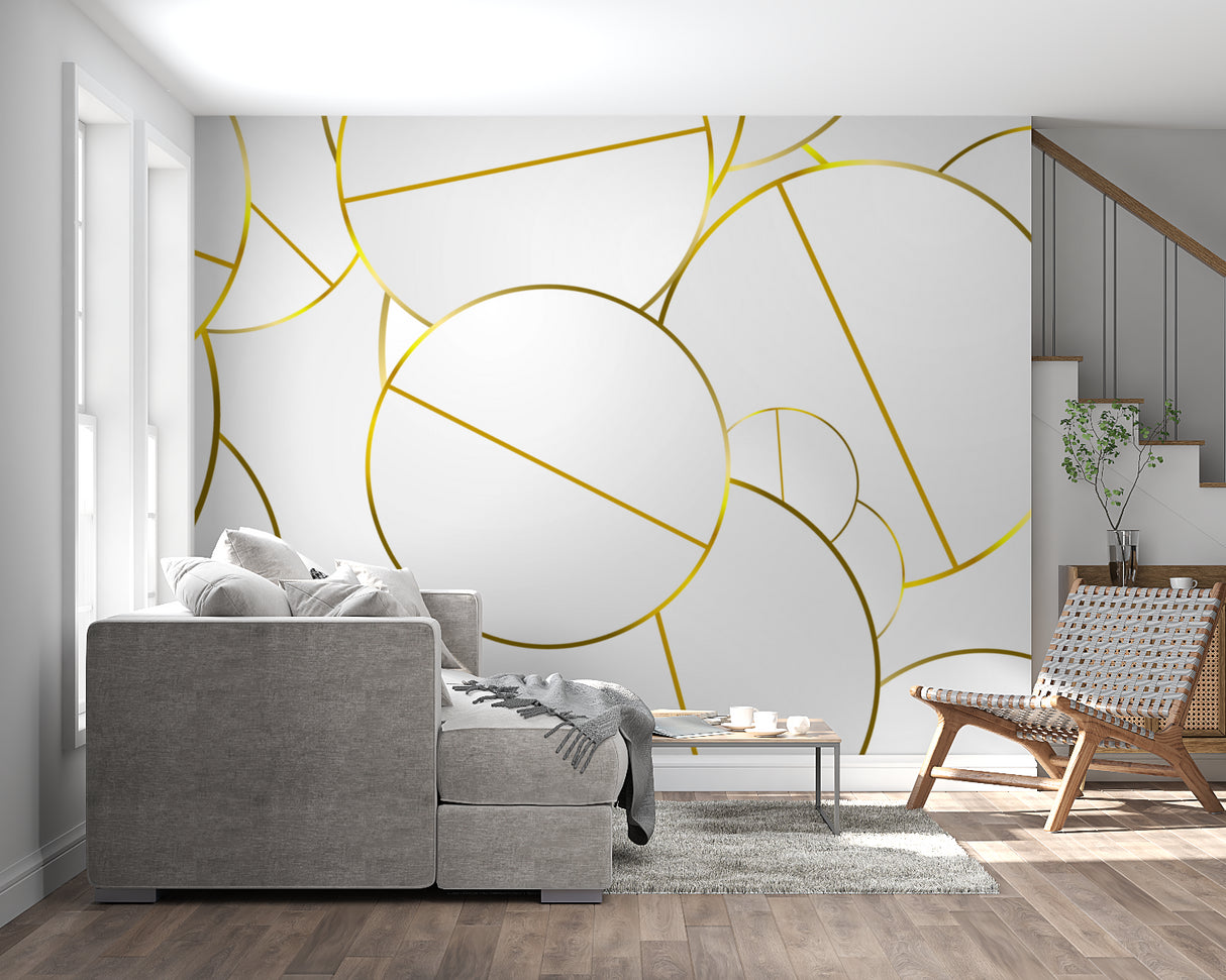 White and gold circle wallpaper in dining room with elegant lighting