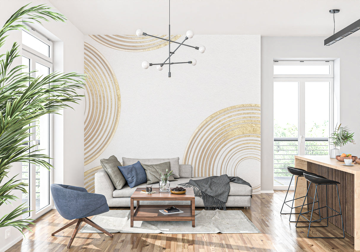 Modern living room with geometric circle wallpaper creating an elegant gold and white accent wall