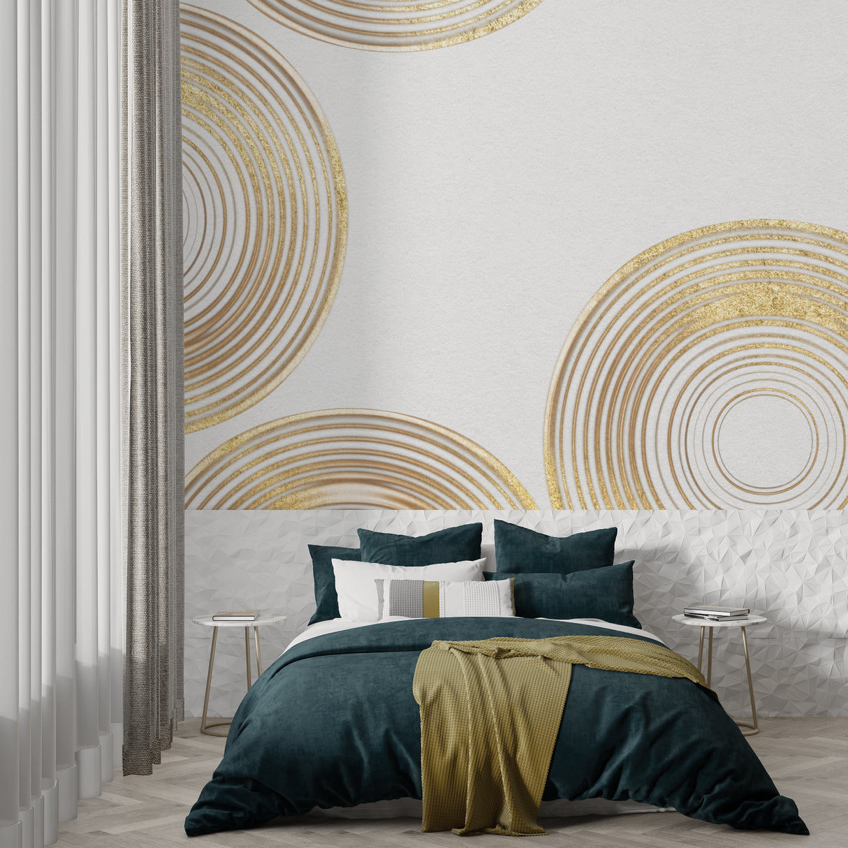 Dining room featuring golden circular geometric wallpaper bringing warmth to the space