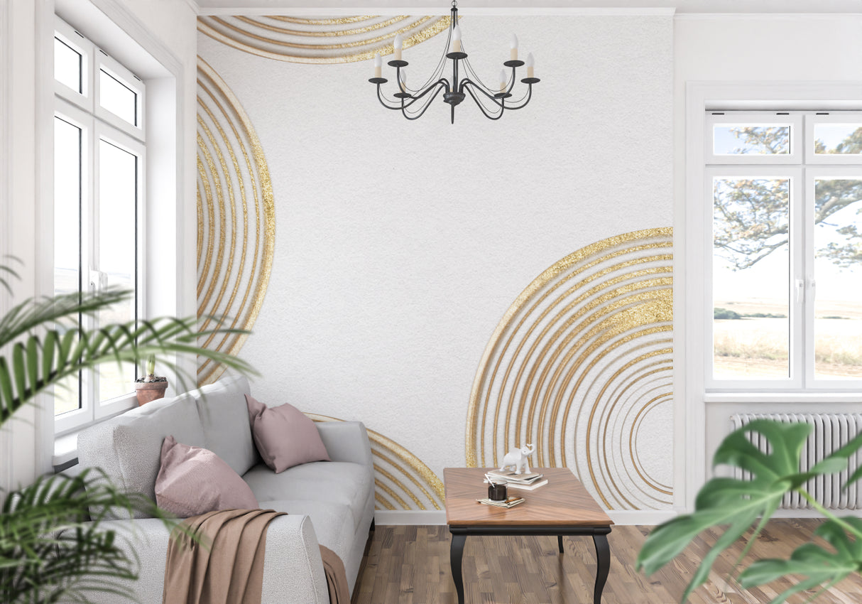 Home office with modern geometric circle wallpaper in white and gold tones