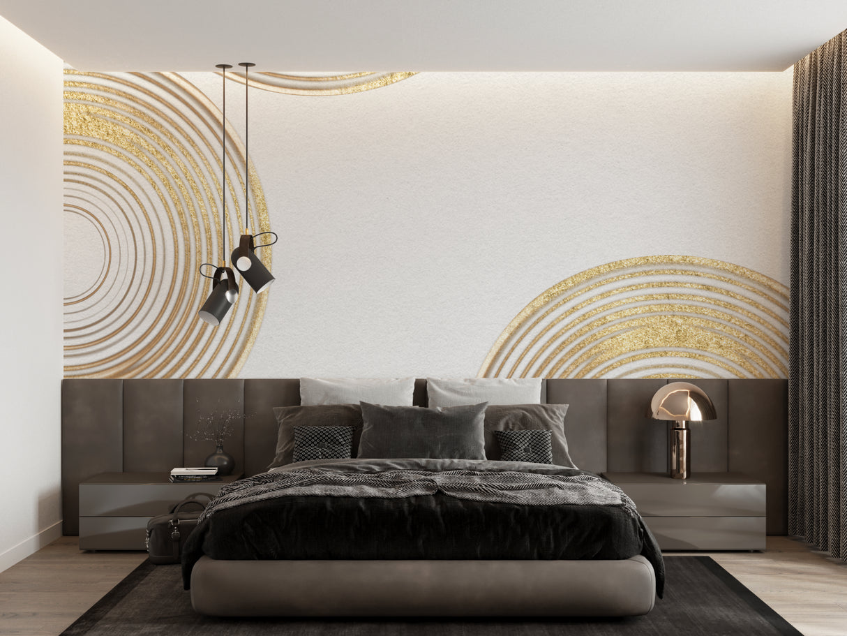 Bedroom with gold geometric circle wallpaper creating a soft, relaxing atmosphere