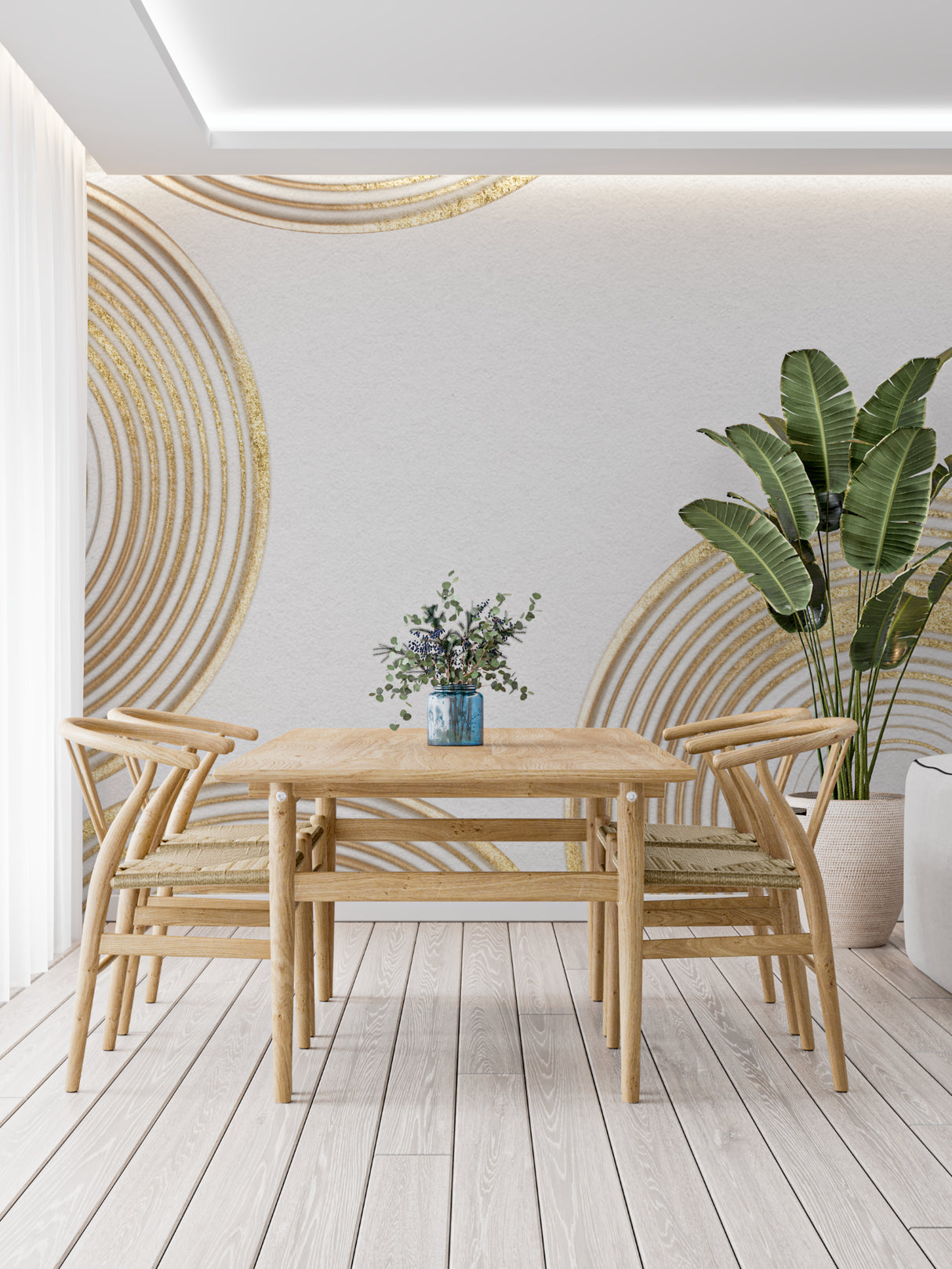 Entrance hall transformed with white and gold geometric circle wallpaper