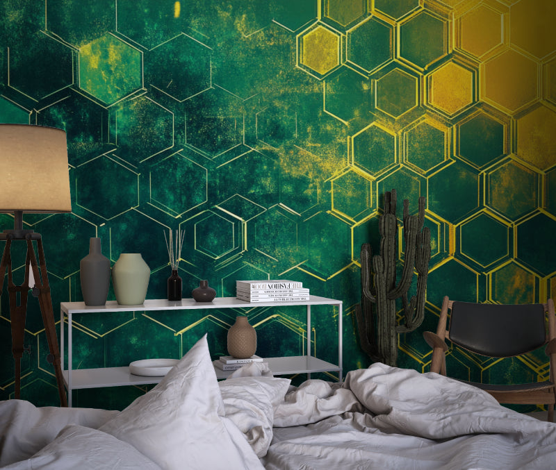 Green and gold geometric wallpaper in modern living room showing hexagon pattern catching natural light