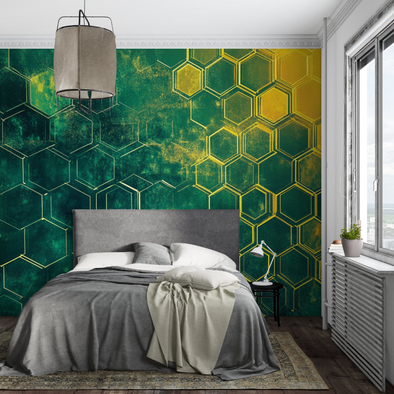 Hexagon wallpaper with emerald and gold details in home office setting