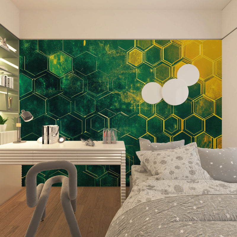 Modern dining room featuring geometric green and gold wallpaper accent wall