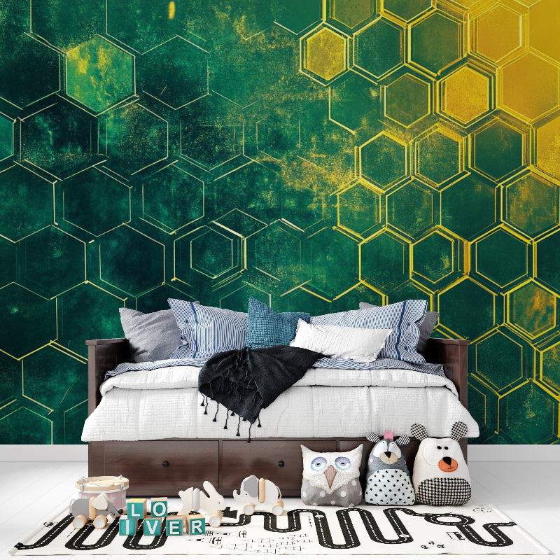 Geometric hexagon pattern wallpaper in bedroom showing evening lighting effect