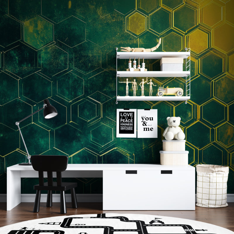 Close-up of green and gold geometric wallpaper in hallway setting