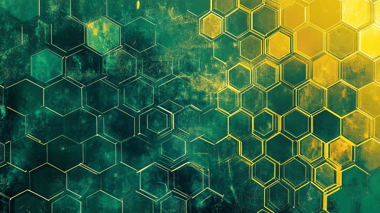 Design file showing detailed green and gold hexagon pattern with metallic finish