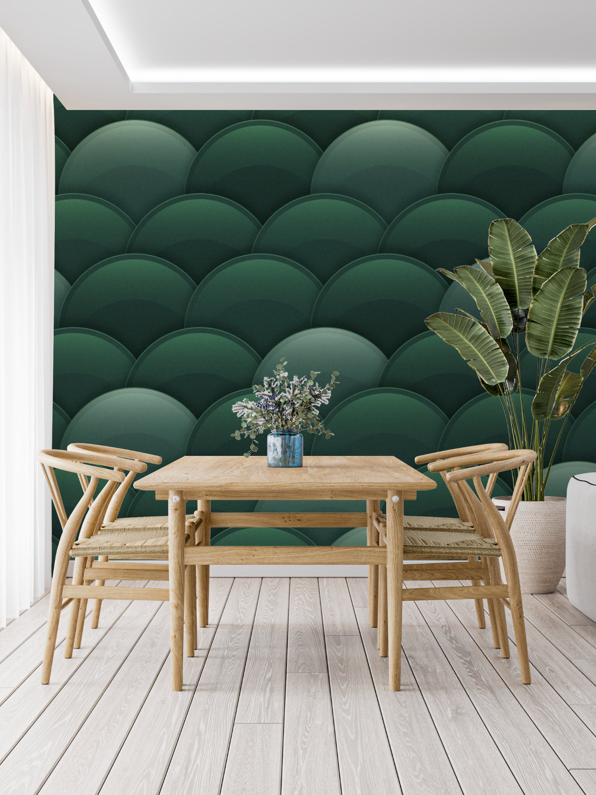 Emerald Art Deco geometric pattern transforming dining room with elegant curves